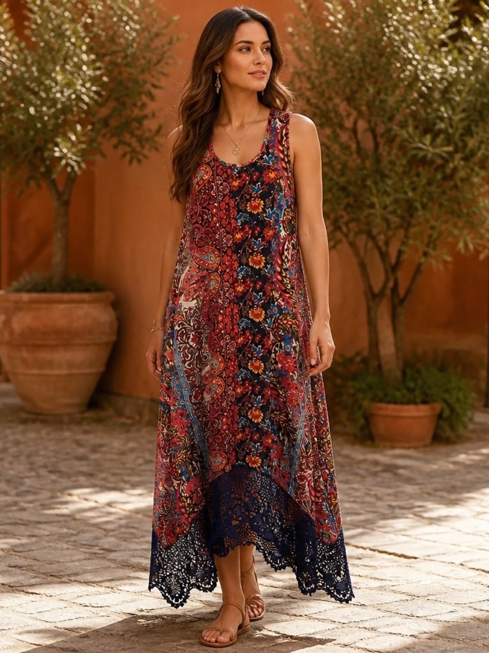 Cupio Red and Navy Floral Patchwork Maxi Dress